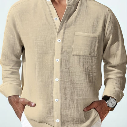 Men's Lightweight 95% Linen Shirt - Breathable Summer Casual Button-Up with Stand Collar, Regular Fit for Beach & Urban Wear, Solid Color