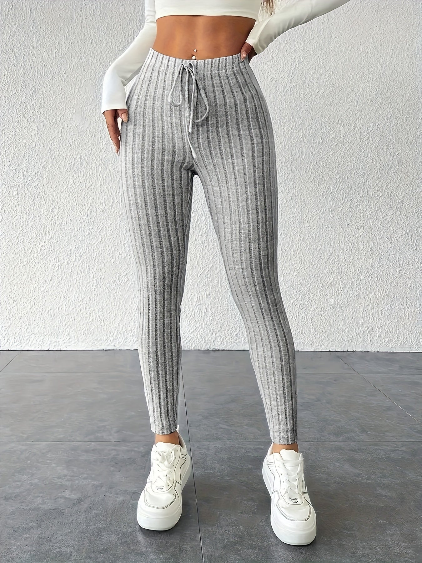 Women's Tie Waist Ribbed Bodycon Leggings - Medium-Stretch All-Season Casual Pants, Solid Color Non-See-Through Machine Washable for Casual Attire & Layering, High Waisted Leggings, Versatile Bottoms, Sleek Fit, Comfortable F