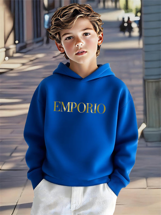 Boys' Cozy Soft Hoodie with "EMPORIO" Print - Navy Blue Casual Long Sleeve Pullover for Fall/Winter, Comfortable Outdoor Sportswear, Hoodie for Winter, Autumn Clothing, Stylish Pullover, Soft Fabric Hoodie