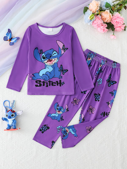 Little 's Fireproof Disney Stitch Long-Sleeve T-Shirt + Random Print Stitch Butterfly Pants Set - Soft, Comfortable Casual Loungewear for Autumn/Winter Holidays, Holiday Pajamas, Home Comfort Wear, Playful Fashion, Soft Fabri
