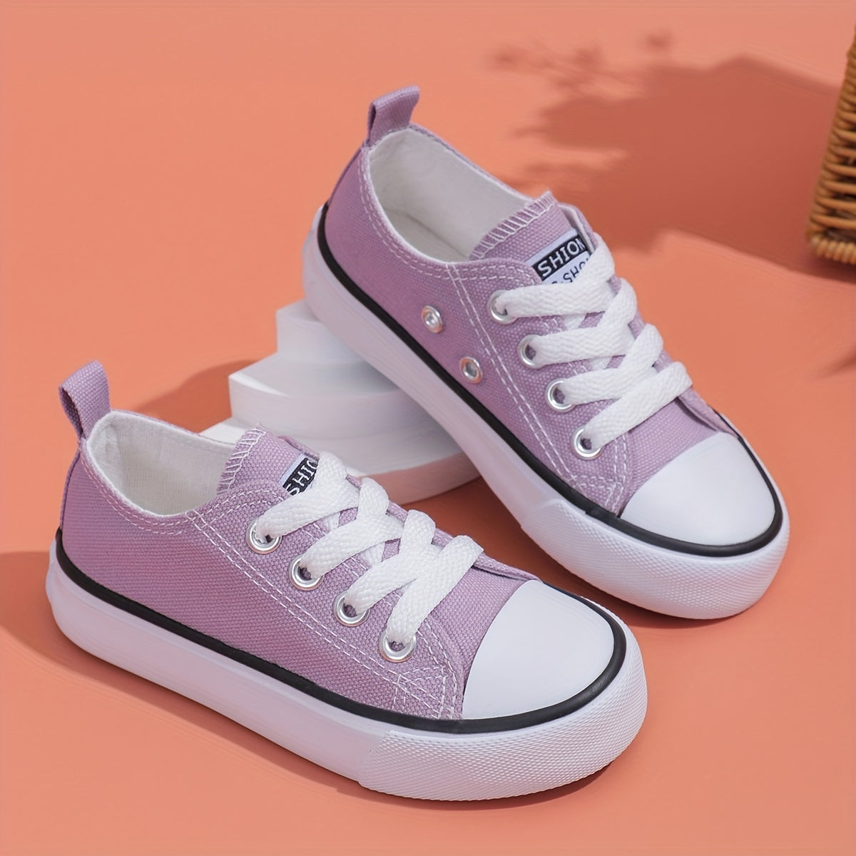 Kids' Breathable Low-Top Canvas Sneakers - Casual Lace-Up Shoes with Rubber Sole for Boys & Girls, Pink with White Detailing, Round Toe Design, Perfect for Casual Attire or Outdoor Activities