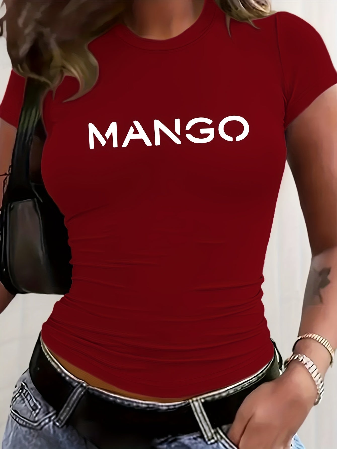 Women's Y2K Style Slim-Fit Cropped Short Sleeve T-Shirt - White with Bold Black 'MANGO' Graphic Print, Semi-Sheer Round Neck Top, Medium Stretch Machine Washable for Spring/Summer Casual Wear