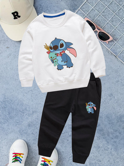 2pcs Disney Kids Casual Sweatshirt & Pants Set Stitch's Adorable Floral Adventure: A Heartwarming Cartoon Tale Long-Sleeve Crewneck, Children's clothing suitable for autumn and winter seasons, featuring cute cartoon patterns.