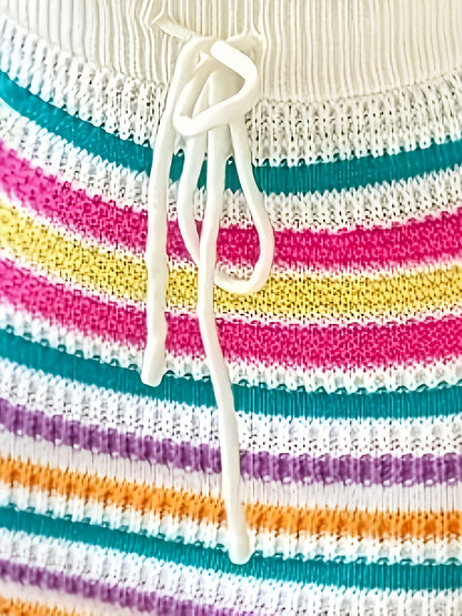 Women'S Colorful Striped Crochet Knit Top and Skirt Set - Sexy Sleeveless Halter Neck with Drawstring Waist, Acrylic 100.0%, Vibrant Green, Casual Summer Outfit, Crochet Accessories