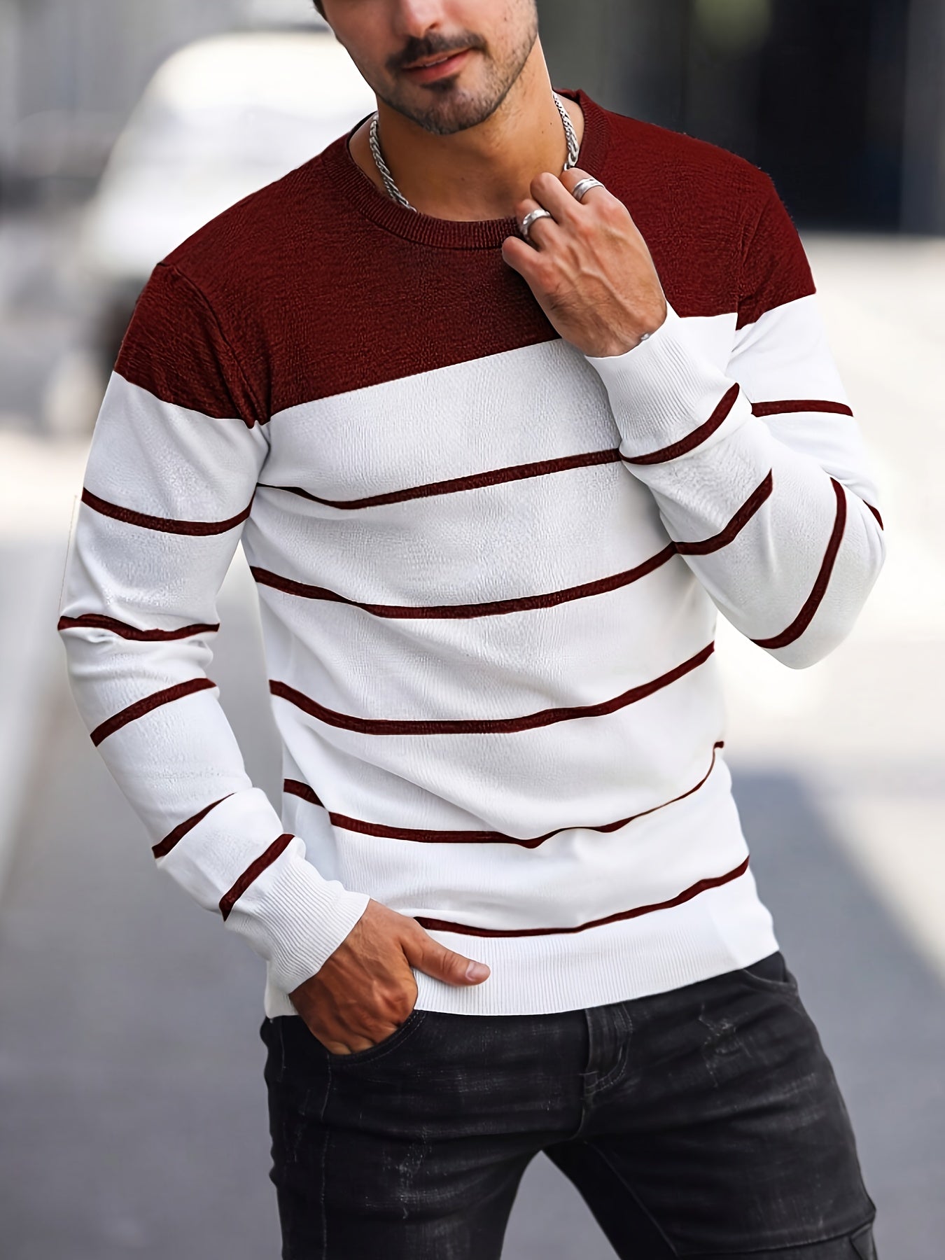 Men's Casual Striped Knit Pullover Sweater - Navy & White Contrast, Regular Fit H-Silhouette, Long Sleeve Crew Neck, Medium Stretch, Machine Washable for Spring & Fall, Mediumstretch Fabric