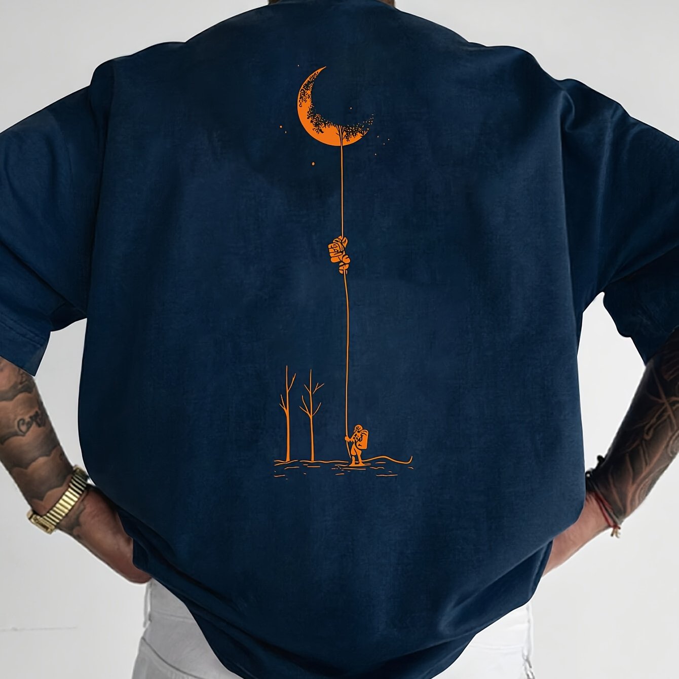 Men's Graphic Print Short Sleeve T-Shirt - Black Relaxed Fit Casual Round Neck, Durable Polyester Fabric, Machine Washable Summer Outdoor Top, Moon And Trees Design | Lightweight Clothing