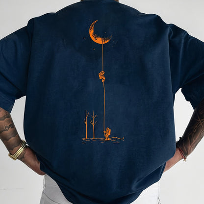 Men's Graphic Print Short Sleeve T-Shirt - Black Relaxed Fit Casual Round Neck, Durable Polyester Fabric, Machine Washable Summer Outdoor Top, Moon And Trees Design | Lightweight Clothing