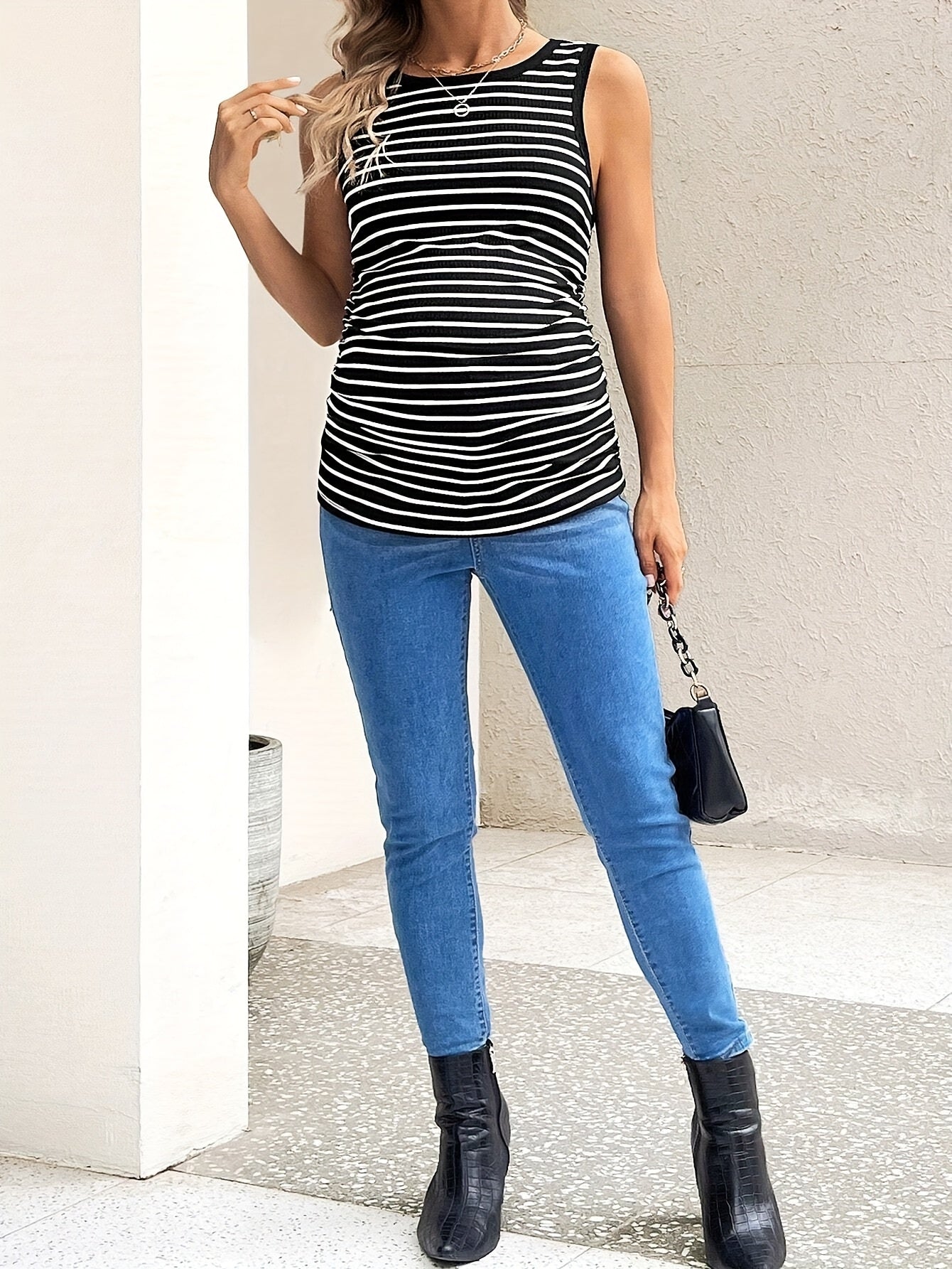 Striped Pleated Fitted Tank Top for Pregnant Women