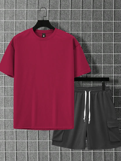 New Loose-Fitting Breathable Men'S Round Neck Short-Sleeved T-Shirt And Workwear Style Multi-Pocket Shorts Set Summer Leisure Sports Two-Piece Suit, Fashionable Sports Casual Versatile Tops And Pants for Men And Women