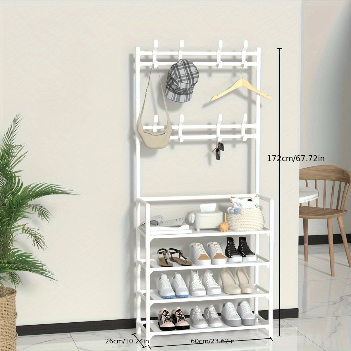 1pc Multi-Functional Entryway Organizer - Heavy-Duty Shoe Rack & Coat Hanger with Hooks, Space-Saving Hallway Storage Cabinet, Easy Assembly No Tools Needed, Sturdy Metal/Plastic Construction for Living Room, Bedroom, Office