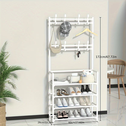 1pc Multi-Functional Entryway Organizer - Heavy-Duty Shoe Rack & Coat Hanger with Hooks, Space-Saving Hallway Storage Cabinet, Easy Assembly No Tools Needed, Sturdy Metal/Plastic Construction for Living Room, Bedroom, Office
