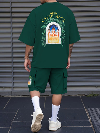 New Loose-Fitting Breathable Men'S Round Neck Short-Sleeved T-Shirt And Workwear Style Multi-Pocket Shorts Set Summer Leisure Sports Two-Piece Suit, Fashionable Sports Casual Versatile Tops And Pants for Men And Women
