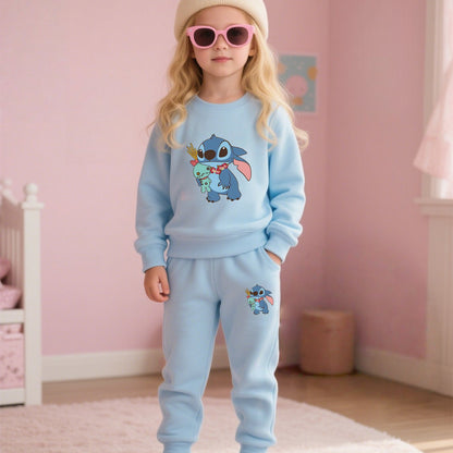 2pcs Disney Kids Casual Sweatshirt & Pants Set Stitch's Adorable Floral Adventure: A Heartwarming Cartoon Tale Long-Sleeve Crewneck, Children's clothing suitable for autumn and winter seasons, featuring cute cartoon patterns.