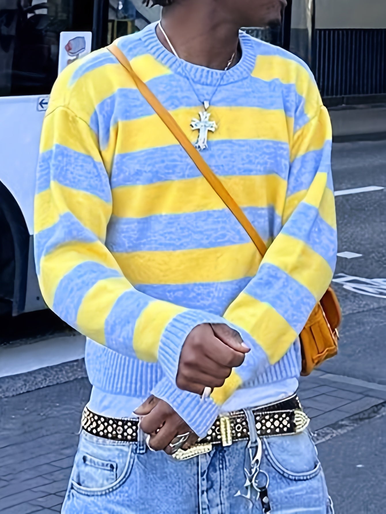 Unisex Streetwear Loose Fit Striped Knit Sweater - Long Sleeve Round Neck All-Season Casual Pullover with Yellow & Blue Horizontal Stripes, Hand Wash Only