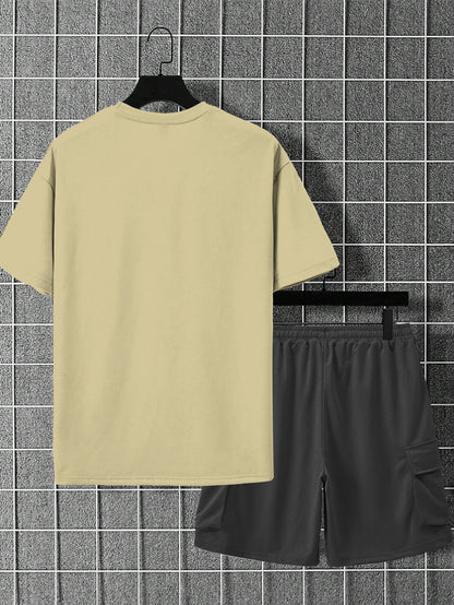 New Loose Fit Breathable Men's Crew Neck Short Sleeve T-Shirt and Workwear Style Multi-Pocket Shorts Set, Summer Casual Sportswear Two-Piece Outfit, Stylish Versatile Top and Pants for Both Men and Women