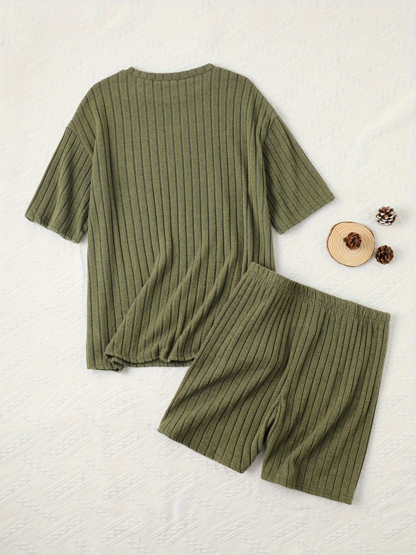 Women's Casual Lounge Set, Plus Size Solid Ribbed Short Sleeve Round Neck Top & Shorts Pajamas 2 Piece Set