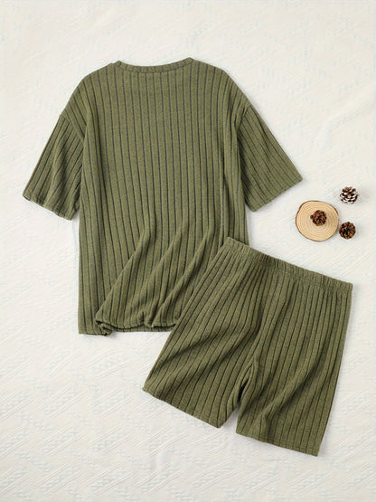 Women's Casual Lounge Set, Plus Size Solid Ribbed Short Sleeve Round Neck Top & Shorts Pajamas 2 Piece Set