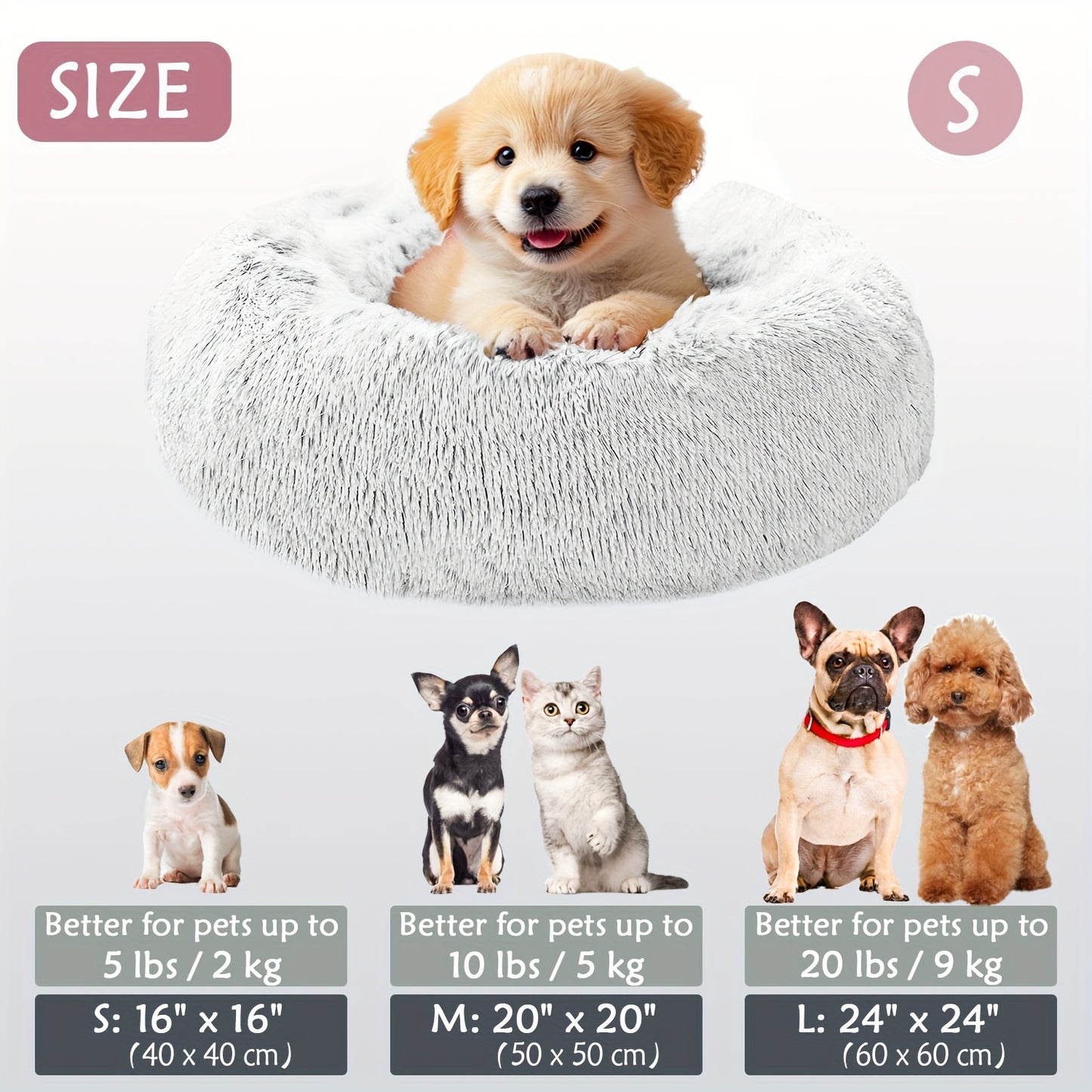 Calming Dog & Cat Bed, Donut Cuddler Warming Cozy Soft Round Bed, Fluffy Faux Fur Plush Cushion Bed For Small Medium And Large Dogs And Cats (40.64cm/50.8cm/60.96cm/71.12cm/78.74cm/99.06cm) Christmas Gift