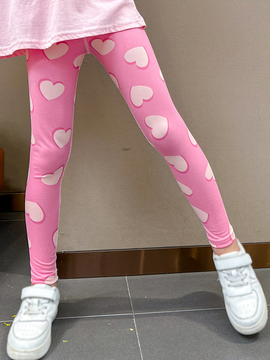 1pc Stretchy & Slim Girls' Pink Heart Donut Pattern Leggings - Soft Polyester/Elastane Blend, Non-See-Through, Perfect for Spring/Summer/Fall Outdoor Activities & Sister Bonding Time