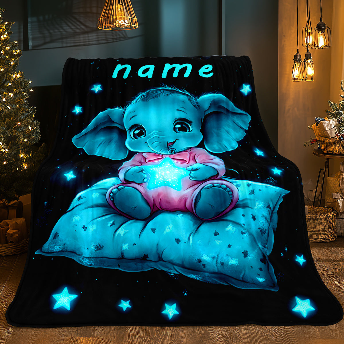 [Whimsical Charm] Personalized Name Starry Night Elephant Blanket – Soft Flannel, Lightweight & Warm – Cute Youngsters Elephant Design with Glowing Stars – Perfect for Sofa, Bed, Travel, Camping, and Gifting – 80.01x1