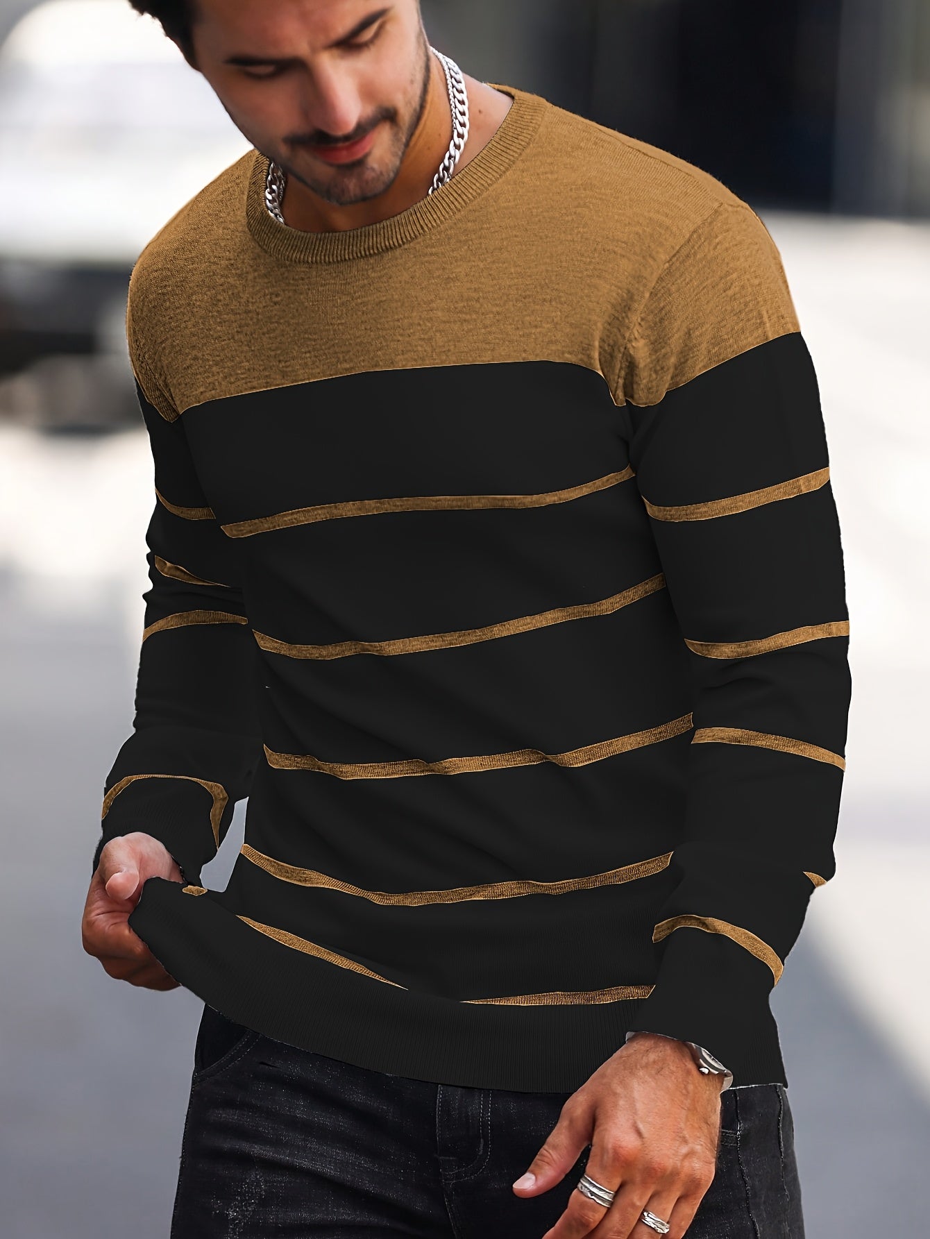 Men's Casual Striped Knit Pullover Sweater - Navy & White Contrast, Regular Fit H-Silhouette, Long Sleeve Crew Neck, Medium Stretch, Machine Washable for Spring & Fall, Mediumstretch Fabric