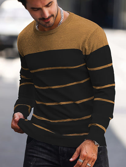 Men's Casual Striped Knit Pullover Sweater - Navy & White Contrast, Regular Fit H-Silhouette, Long Sleeve Crew Neck, Medium Stretch, Machine Washable for Spring & Fall, Mediumstretch Fabric
