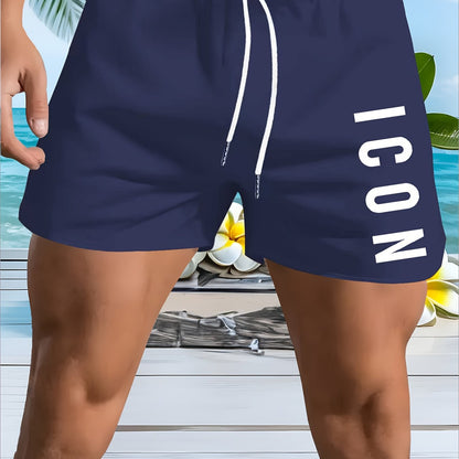 Men'S Quick-Dry Beach Shorts - Breathable, Sun-Protective Lightweight Running & Hiking Shorts with "ICON" Geometric Print, Elastic Waistband, Side Pockets, Casual Outdoor Activewear, Beach Shorts