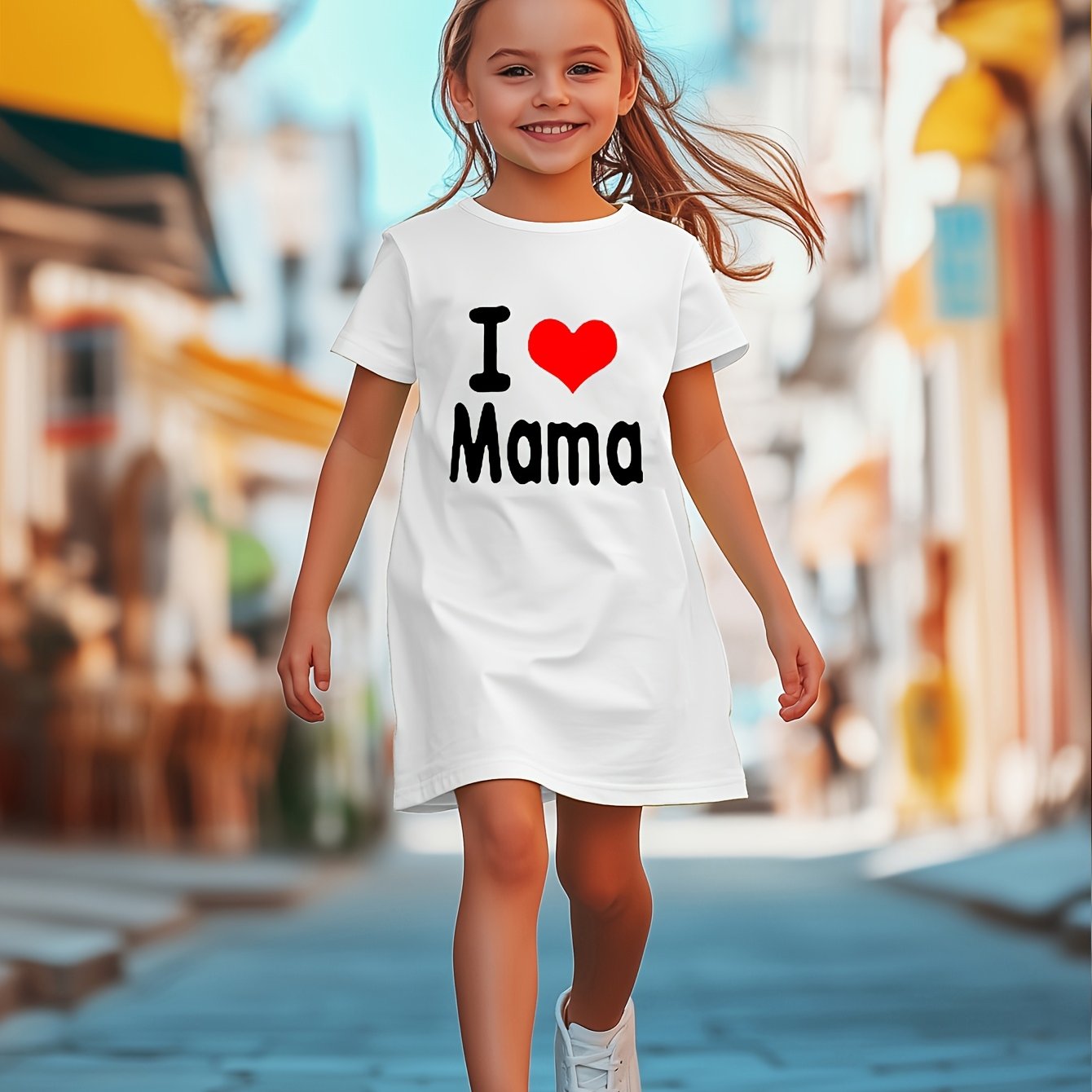 Mother'S Day Gift | "I Love Mama" Red Heart Print Short Sleeve Dress - Casual, Breathable, and Comfortable Polyester Knit, Perfect for Spring/Summer, Mother'S Day Dress | Love Heart Pattern | Comfortable Fit, Mothers Day Dres