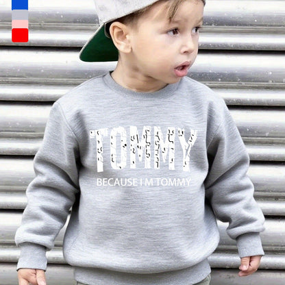 Boys' Casual Fleece-Lined Long Sleeve Sweatshirt with "TOMMY" Letter Print - Cozy Loose Fit Round Neck Pullover for Fall/Winter Outdoor Activities, 3+ Years Old, 6 Color Options, Sweater for Boy, Kids Winter Wear, Playful Kid
