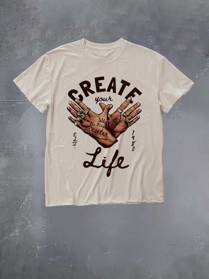 graphic print drop shoulder t-shirt, short sleeve crew neck casual top for spring & summer, Women's clothing