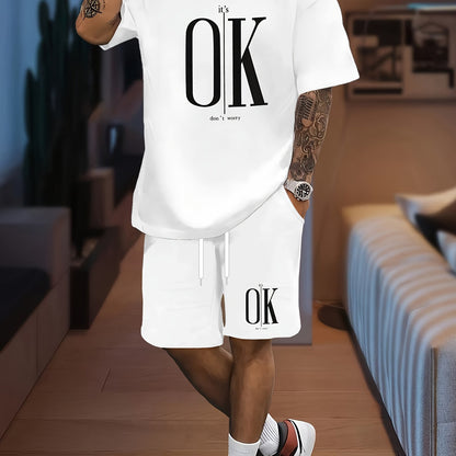 Men'S Casual Summer T-Shirt & Shorts Set - "OK" Print, Crew Neck, Short Sleeve, Regular Fit with Pockets, Comfortable for Home & Casual Attire, Relaxed Fit Clothing|Casual Style Shorts|Comfortable Fit