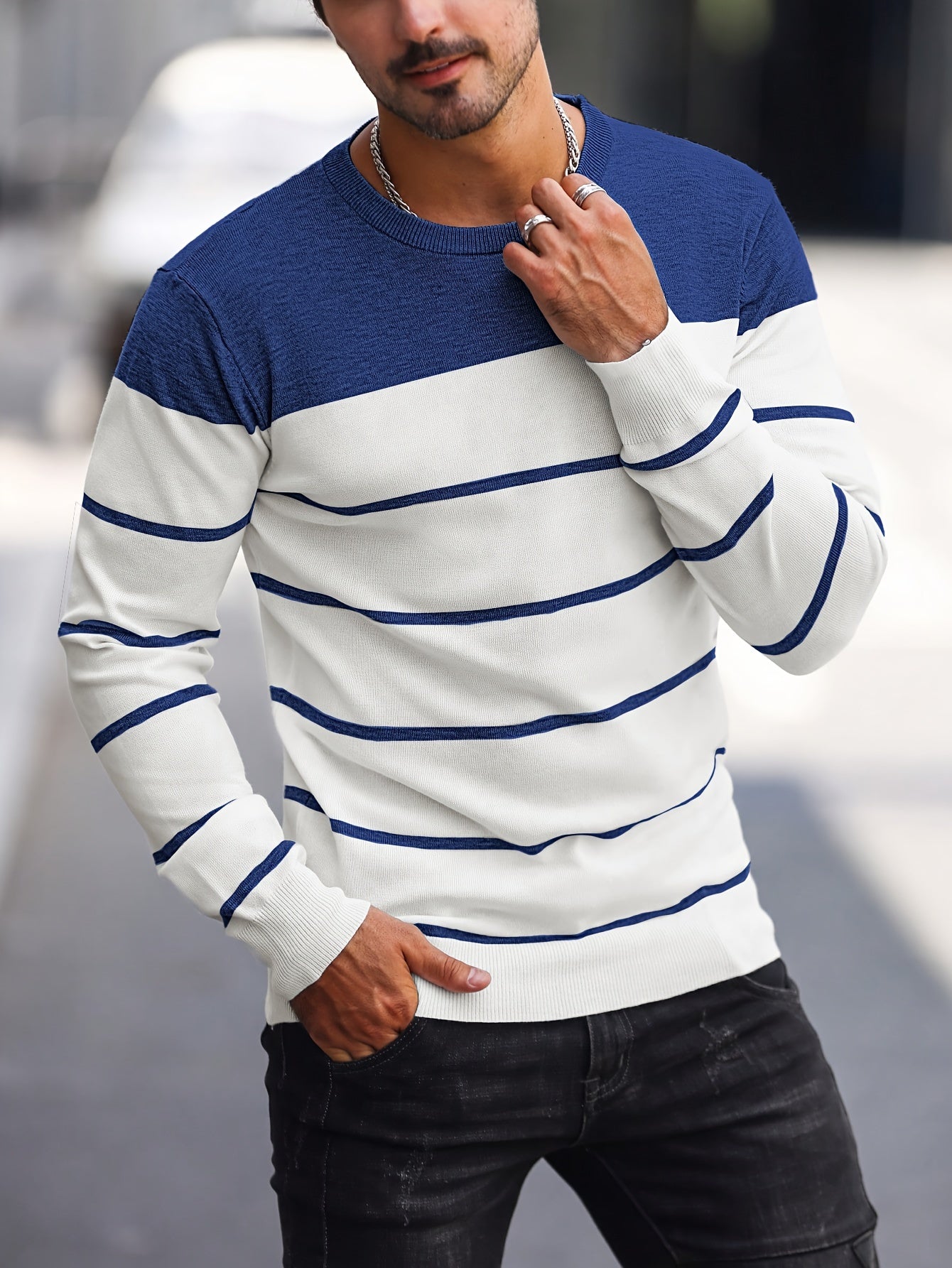 Men's Casual Striped Knit Pullover Sweater - Navy & White Contrast, Regular Fit H-Silhouette, Long Sleeve Crew Neck, Medium Stretch, Machine Washable for Spring & Fall, Mediumstretch Fabric