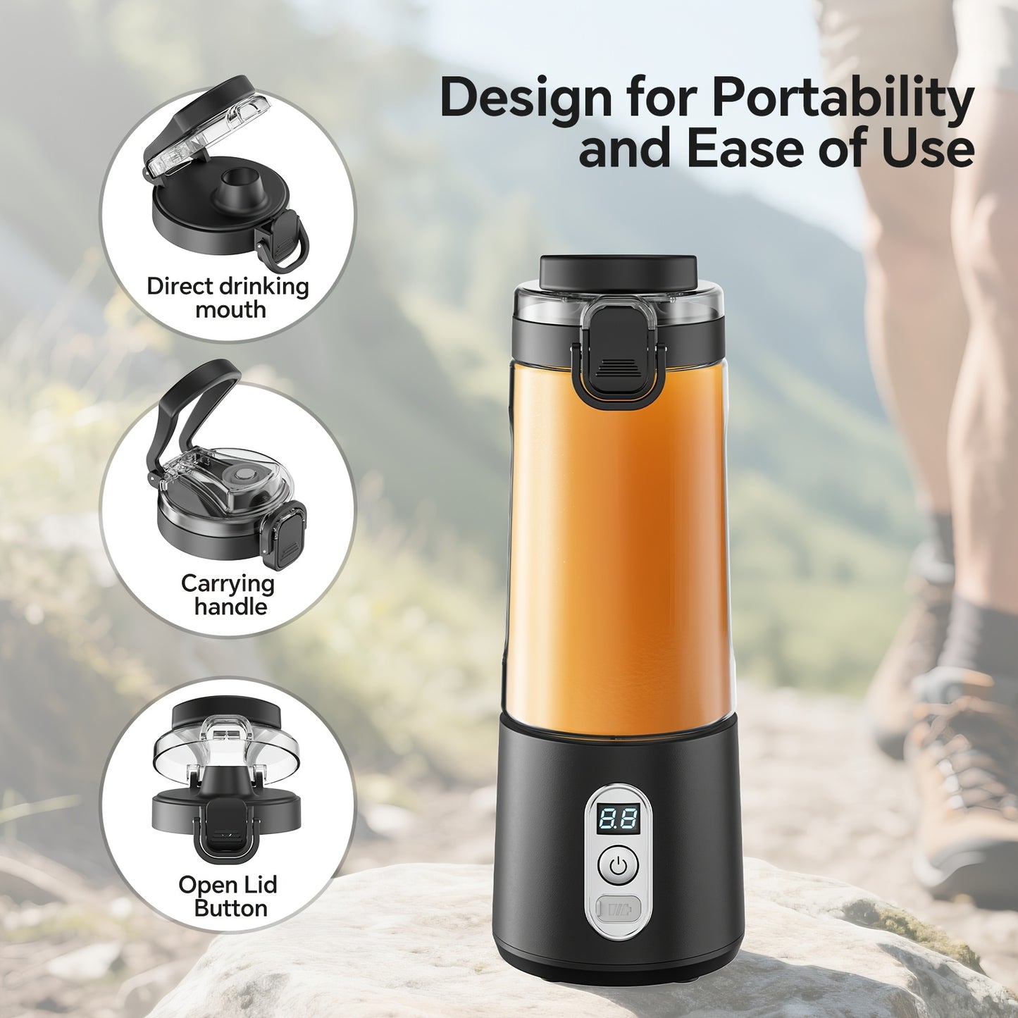 USB Rechargeable Portable Blender with Digital Timer Display, 10-Cup Capacity, Detachable & Easy-Clean Design for Smoothies, Juices, Protein Shakes - Ideal for Gym, Travel, Home Use, Smoothie Blender Portable, Juice Preparati