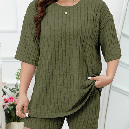Women's Casual Lounge Set, Plus Size Solid Ribbed Short Sleeve Round Neck Top & Shorts Pajamas 2 Piece Set