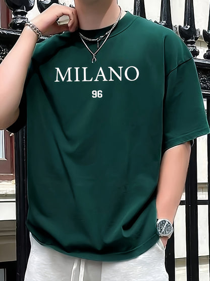 Men'S Milano 96 Graphic Tee - Casual Short Sleeve Crew Neck T-Shirt, Soft Polyester Fabric with Slight Stretch, Regular Fit, Green with White Lettering, Perfect for Casual Attire