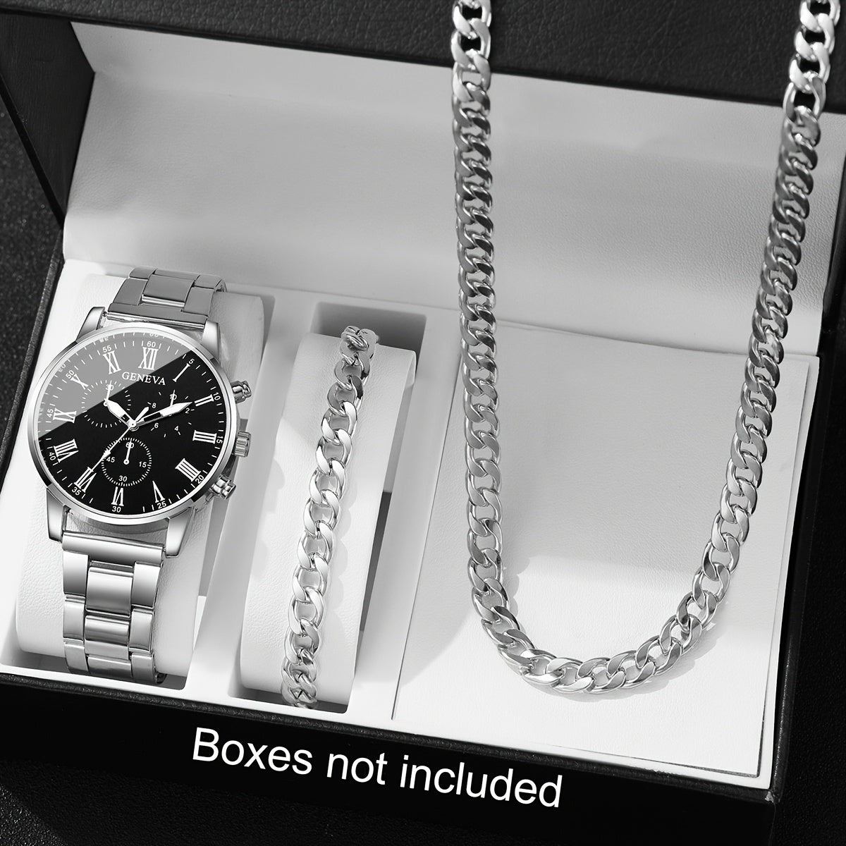 3pcs Men'S Fashion Casual Roman Numeral Quartz Watch with Necklace and Bracelet Set, Suitable for Father'S Day, Teacher'S Day, Thanksgiving, Students, Graduation, Birthday, Best Gift