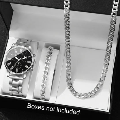 3pcs Men'S Fashion Casual Roman Numeral Quartz Watch with Necklace and Bracelet Set, Suitable for Father'S Day, Teacher'S Day, Thanksgiving, Students, Graduation, Birthday, Best Gift