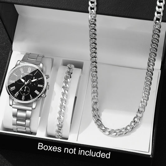3pcs Men'S Fashion Casual Roman Numeral Quartz Watch with Necklace and Bracelet Set, Suitable for Father'S Day, Teacher'S Day, Thanksgiving, Students, Graduation, Birthday, Best Gift