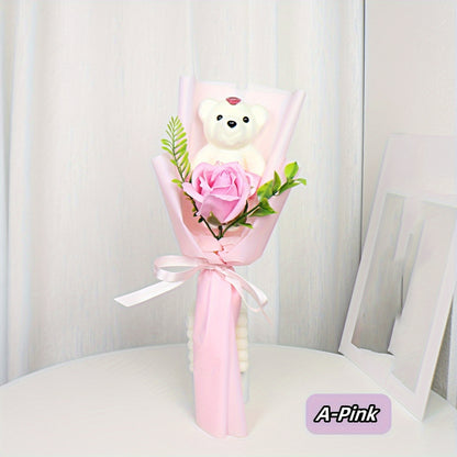 Artificial Red Rose Bouquet with Teddy Bear - Plastic Everlasting Floral Arrangement for Home Decor, Ideal Gift for Christmas, Valentine's Day, Mother's Day, Easter, Thanksgiving - No Container, Battery-Free, Electricity-Free
