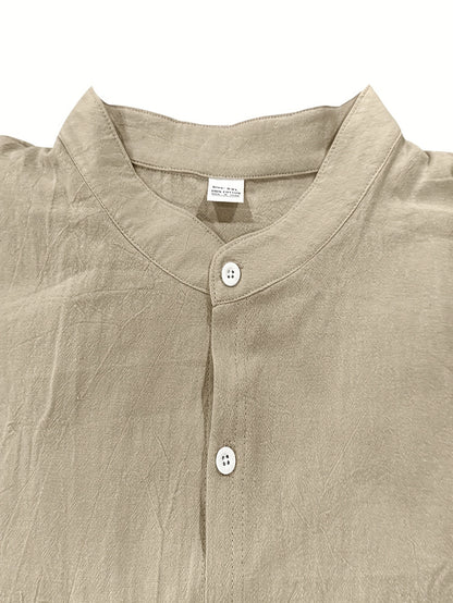 Men's Lightweight 95% Linen Shirt - Breathable Summer Casual Button-Up with Stand Collar, Regular Fit for Beach & Urban Wear, Solid Color