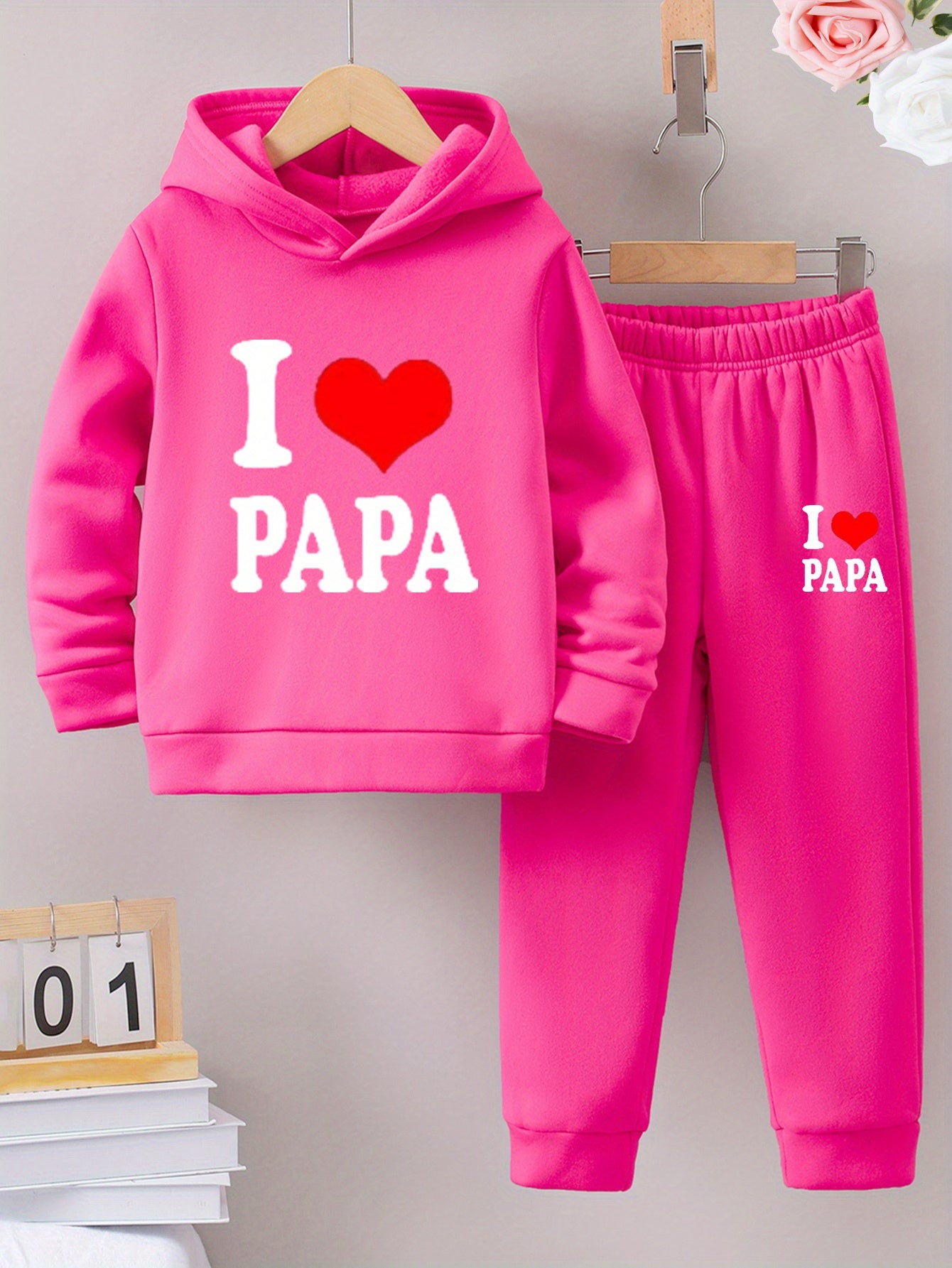 2pcs Back-to-School Season Fashionable Autumn/Winter Casual Sporty Style Girls' "I Love Dad" Cartoon Print Long Sleeve Fleece-Lined Hoodie + Sweatpants Set, Perfect for Outdoor