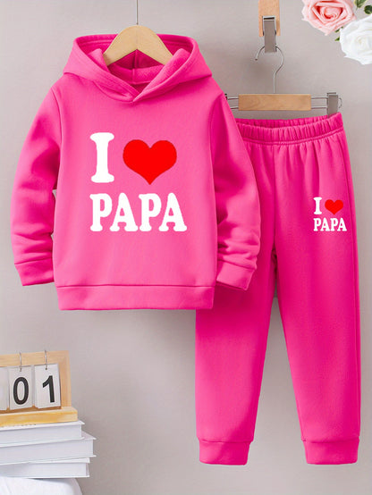 2pcs Back-to-School Season Fashionable Autumn/Winter Casual Sporty Style Girls' "I Love Dad" Cartoon Print Long Sleeve Fleece-Lined Hoodie + Sweatpants Set, Perfect for Outdoor