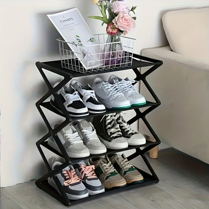 4-Tier Stainless Steel Shoe Rack - Space-Saving, Easy Assembly, Durable Design | Suitable for Entryway and Bedroom | Modern Stylish Look | Multi-Layer Sneaker Storage with Plastic Shelves | Fashionable Contemporary Shoe Organ