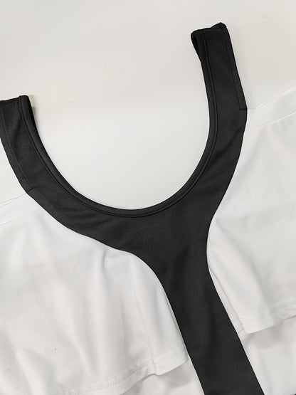 Oriented Women's Elegant Color Block Spliced Off-Shoulder Short Sleeve Wide Leg Straight-Leg Jumpsuit