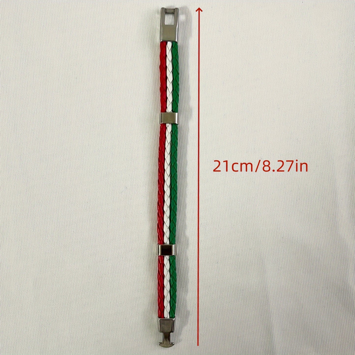 Handmade Braided Red, White, and Green Flag Faux Leather Bracelet - Fashionable Faux Leather Accessory with Metal Buckle, Ideal for National Holiday Celebrations, National Holiday Gift|Festive Accessory|Durable Faux Leather,