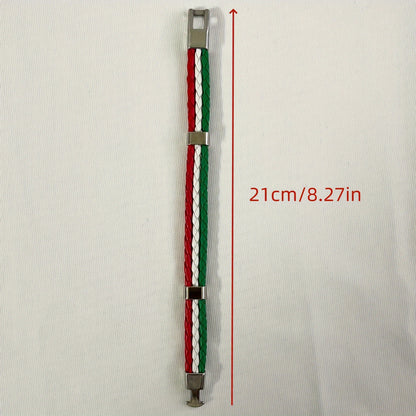 Handmade Braided Red, White, and Green Flag Faux Leather Bracelet - Fashionable Faux Leather Accessory with Metal Buckle, Ideal for National Holiday Celebrations, National Holiday Gift|Festive Accessory|Durable Faux Leather,