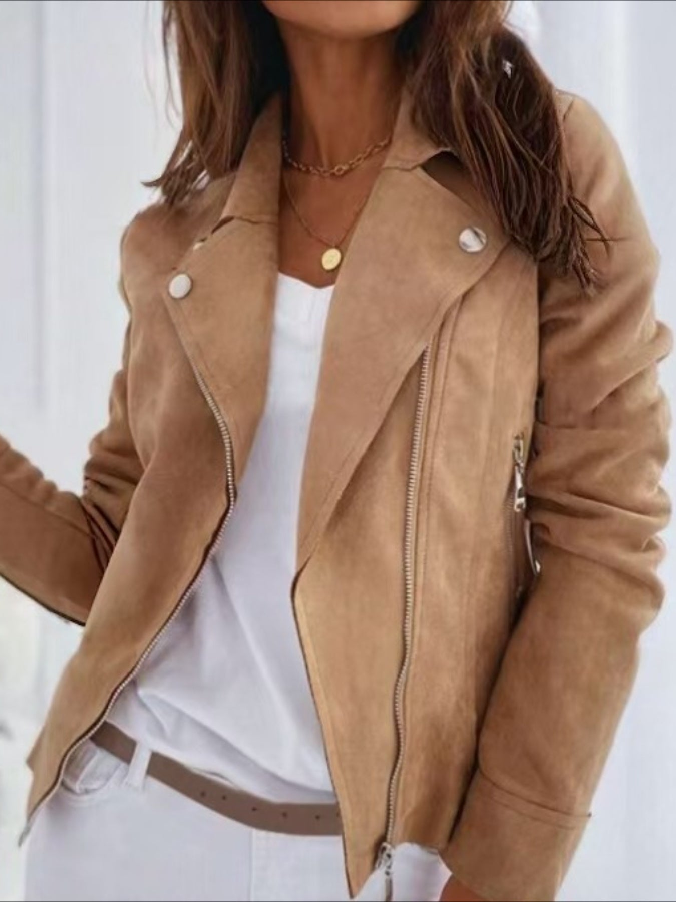 Women'S Casual Slim-Fit Faux Leather Jacket with Stand Collar, Zipper Front & Button Details - Beige, Long Sleeves, Regular Fit for Fall/Winter, Autumn Winter Jacket | Stand Collar Jacket | Zipper Closure Jacket