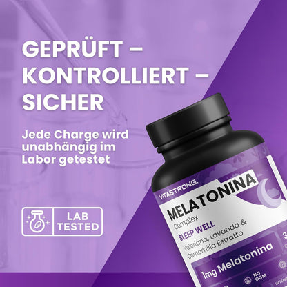 Vitastrong Melatonin Complex 365 Micro-Tablets, Melatonin 1Mg with Chamomile, Valerian, Lavender And Vitamin B6, Melatonin for Sleeping, Sleep, Jet Lag, Pure Melatonin with Long-Term Release Without Sugar