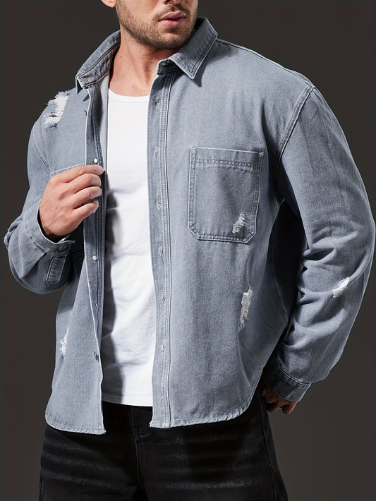 Men'S Casual Denim Shirt - Washed Distressed Blue, Button-Up with Chest Pockets, Non-Stretch Fabric, Regular Fit for Casual Attire, Casual Attire Shirt | Distressed Denim Shirt | Nonstretch Fabric, Plus Size