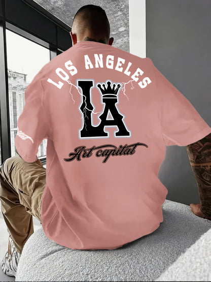 Men's Casual LA Graphic T-Shirt - Breathable Stretch Fabric, Oversized Fit with Crown & Script Lettering, Beige Summer Tee for Outdoor Activities & Casual Attire, Machine Washable, Leisure Clothing, Citythemed Apparel